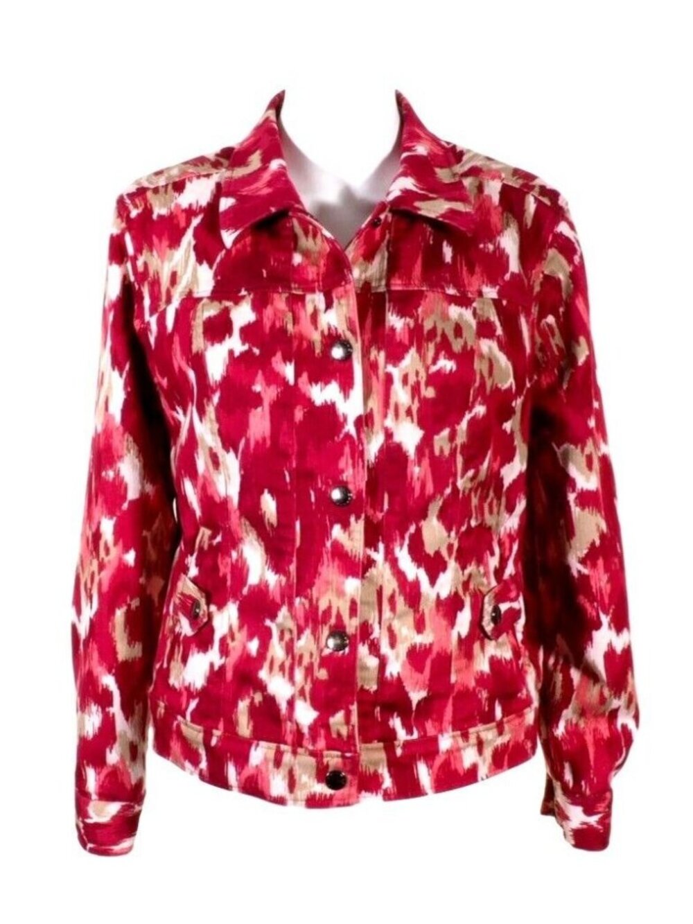 Christopher Banks Women Jacket Size M Stretch Denim Red Multi Snaps Camo
